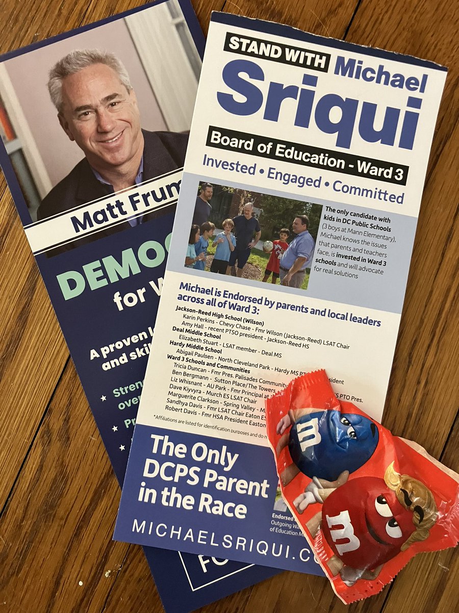 I’m voting for <a href="/michael_sriqui/">Michael Sriqui</a>-the only W3 <a href="/DCSBOE/">DC State Board of Ed</a> candidate who sends his kids to a DC public school! And for @MatthewFrumin, the W3 Council candidate with the record and experience to deliver results for Our Ward and our city!!!! (The M&amp;M ticket!)