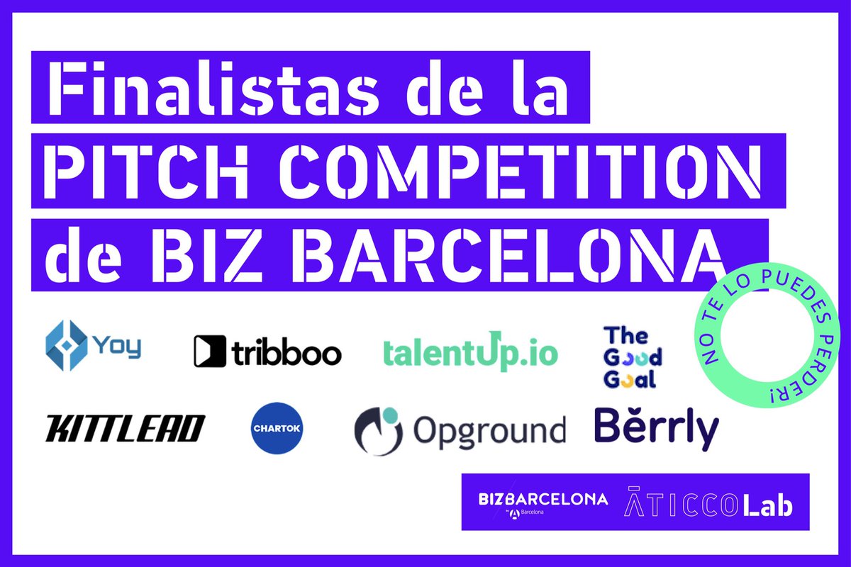 Mañana es la pitch competition del <a href="/bizbarcelona/">bizbarcelona</a>, y al fin podremos conocer en persona a las #startups finalistas: 

Berrly, <a href="/chartOk_/">chartok</a>, Kittlead, <a href="/opground/">Opground</a>, TalentUp, <a href="/thegoodgoalapp/">The Good Goal</a>, Tribboo y Yoy Tech.

Mucha suerte a todas!🤞