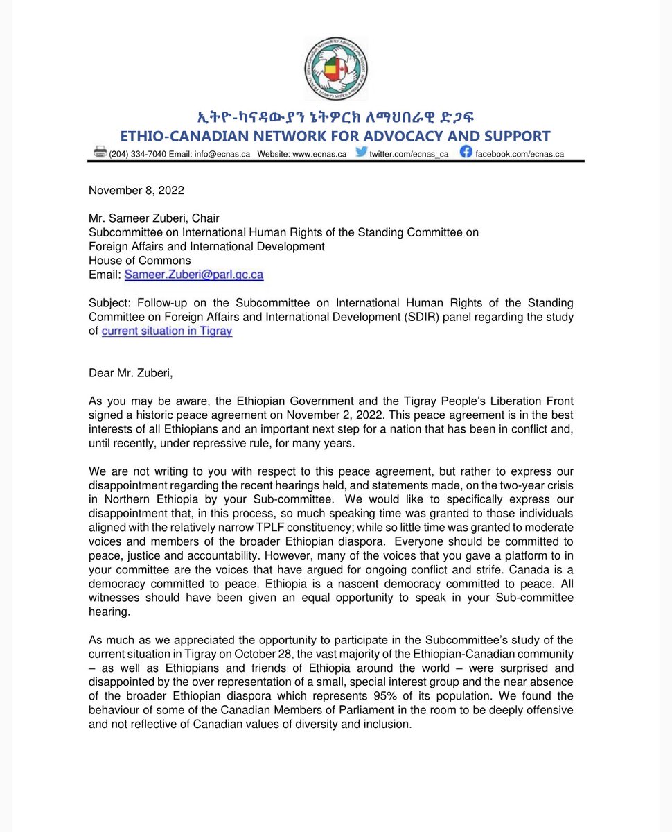 ECNAS_CA's tweet photo. RESPONSE FROM ETHIO 🇨🇦s to SDIR’s statement - Canadian parliamentarians would do well to encourage the success of the AU-brokered peace process along (with US, &amp; EU) that just silenced the guns in #Ethiopia-rather than meddle and undermine it. #Peace4Ethiopia #SDIR @CanadianPM https://t.co/AEmz3moiKl