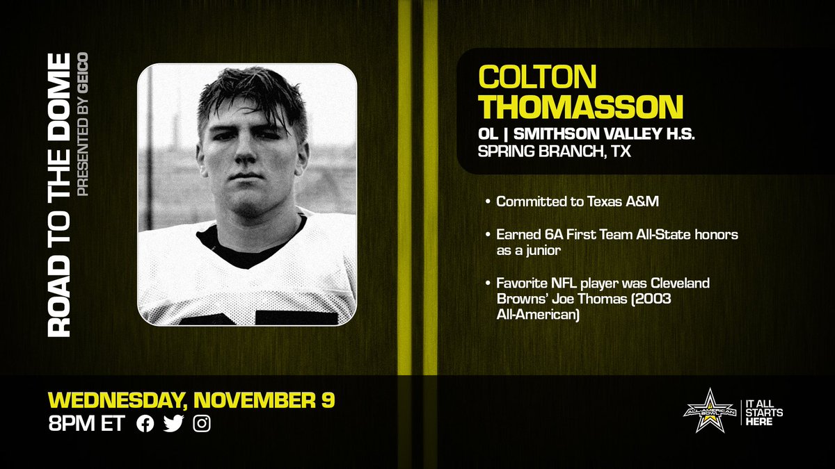 The Aggie 👍

Texas A&amp;M commit Colton Thomasson (<a href="/ColtonThomasson/">Colton Thomasson #️⃣7️⃣7️⃣</a>) will be virtually presented his All-American Bowl jersey tomorrow at 8 p.m. ET. 

#GigEm 👍

#theG23ATESTshow 🎶 

#AllAmericanBowl 🇺🇸 <a href="/GEICO/">GEICO</a>