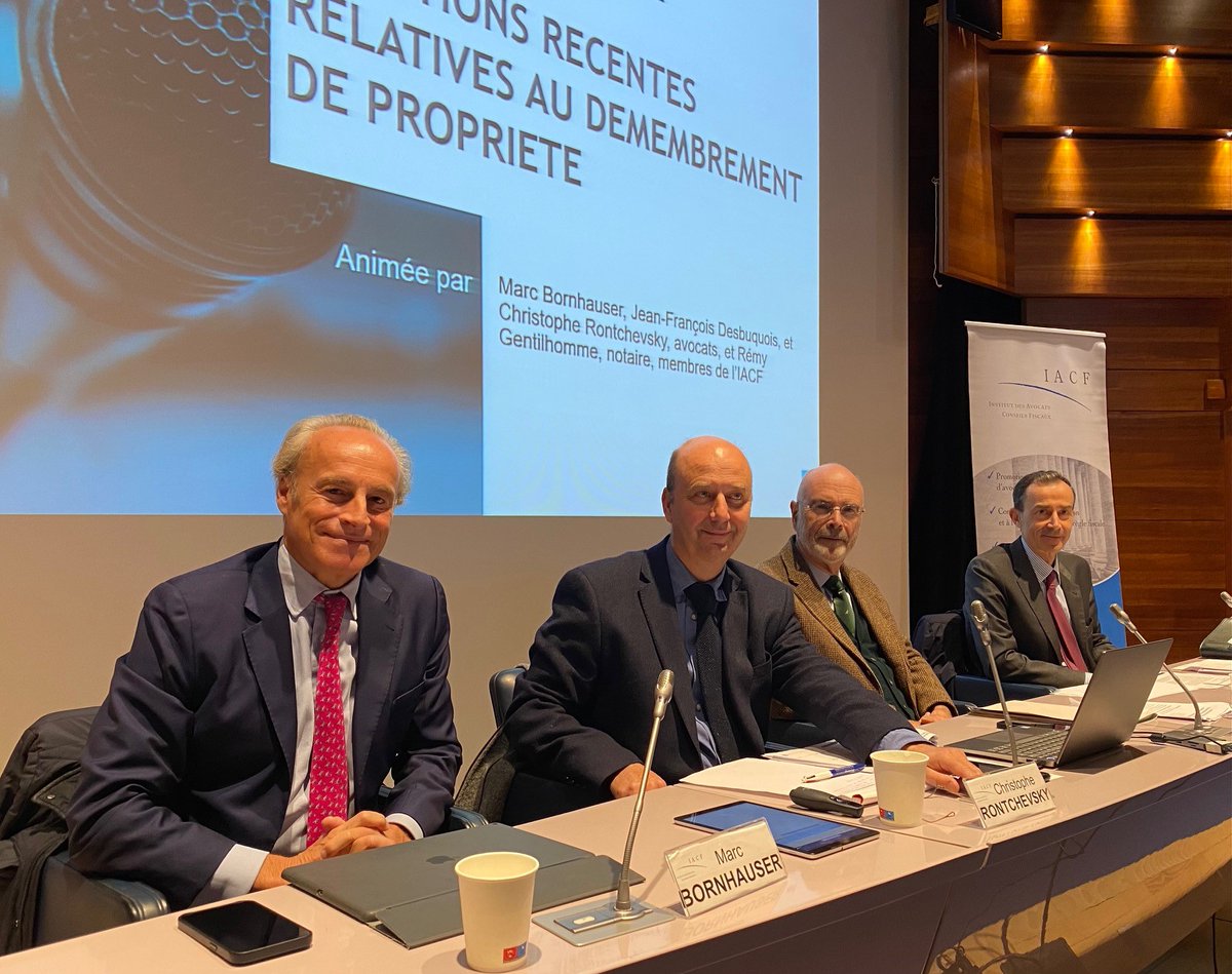 Retrouvez en rediffusion la semaine prochaine les intervenants de la conférence "Questions récentes relatives au démembrement de propriété" : Marc Bornhauser, Christophe Rontchevsky, Remi Gentilhomme, Jean-François Desbuquois. Plus d'infos iacf.fr