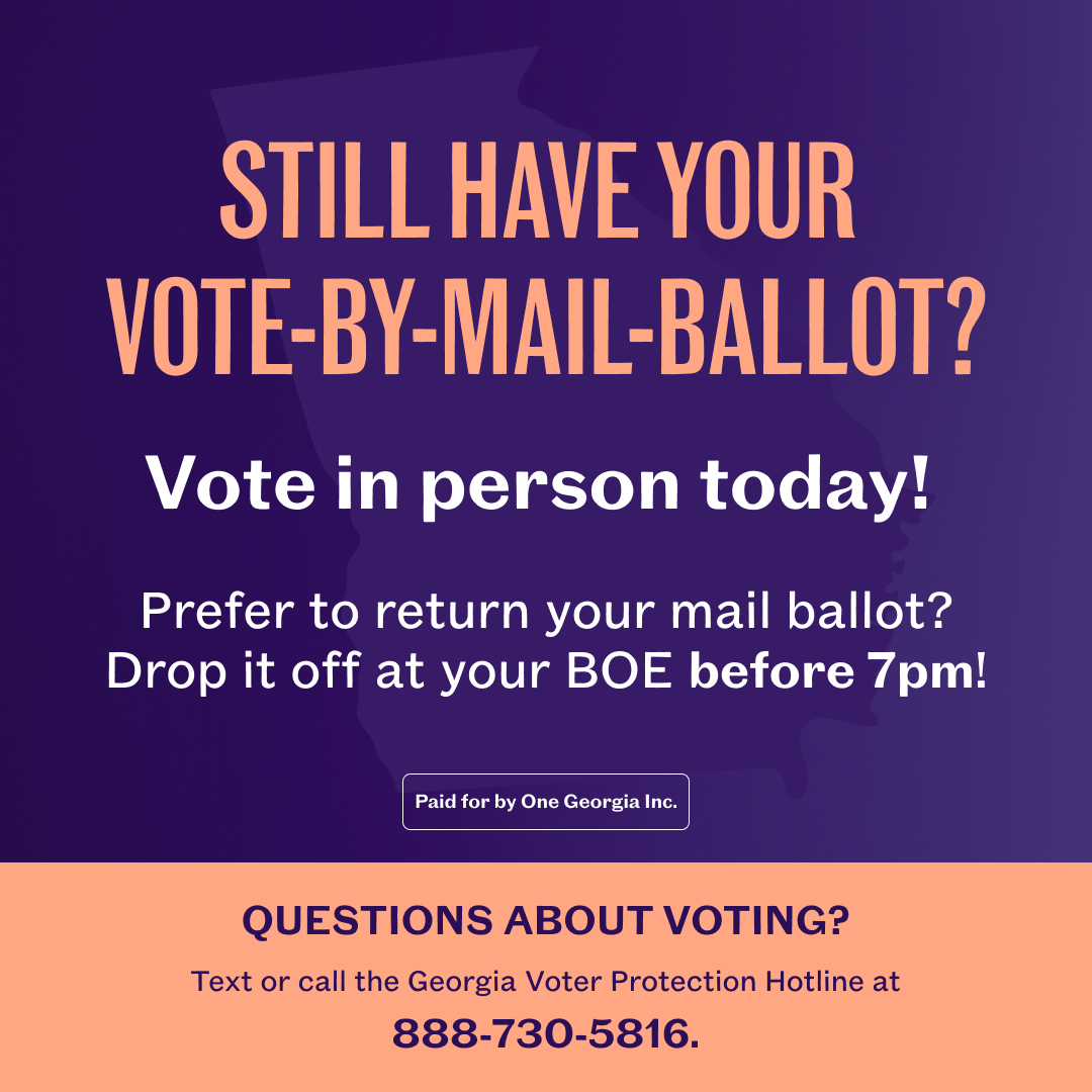 If you still have your mail ballot, consider voting in person today from 7am-7pm. Find out where at staceyabrams.com/voting. If you need to return your ballot instead, you must hand-deliver it TODAY before 7pm to your county’s Board of Elections office: staceyabrams.com/voting.