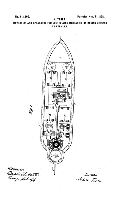 On this date in #innovation history: Nikola Tesla receives a #patent in 1898 for his #invention of wireless transmission #technology used to operate a remote-controlled boat, the first remote control of a machine #PatentsMatter #19thCenturyDrone #tech <a href="/Tesla/">Tesla</a> <a href="/uspto/">USPTO</a> <a href="/AjitPai/">Ajit Pai</a>