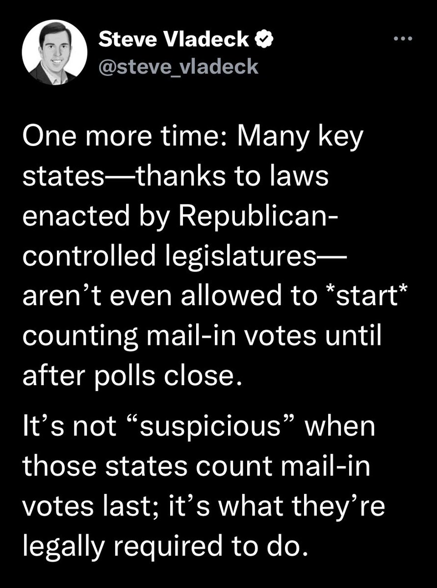 bookofsand's tweet photo. @Fviacon @MarinaMedvin Ballot counting is already done with observers from both parties. It always has been. But in many states, it's ILLEGAL to count any mail-in ballots before election night, due to laws passed by GOP politicians https://t.co/e38DlpAJFN