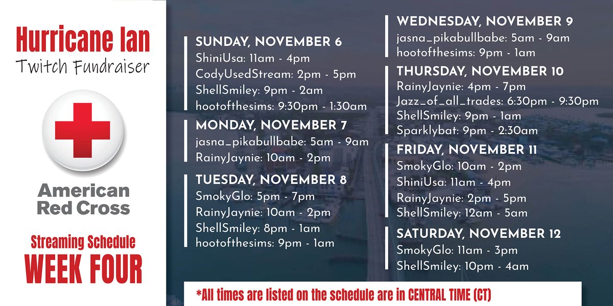 We officially have the last and final week's schedule for our #HurricaneIan Twitch stream fundraiser ready! Share this tweet around to spread awareness of this event... Thank you so much! ❤️
tiltify.com/+american-red-…