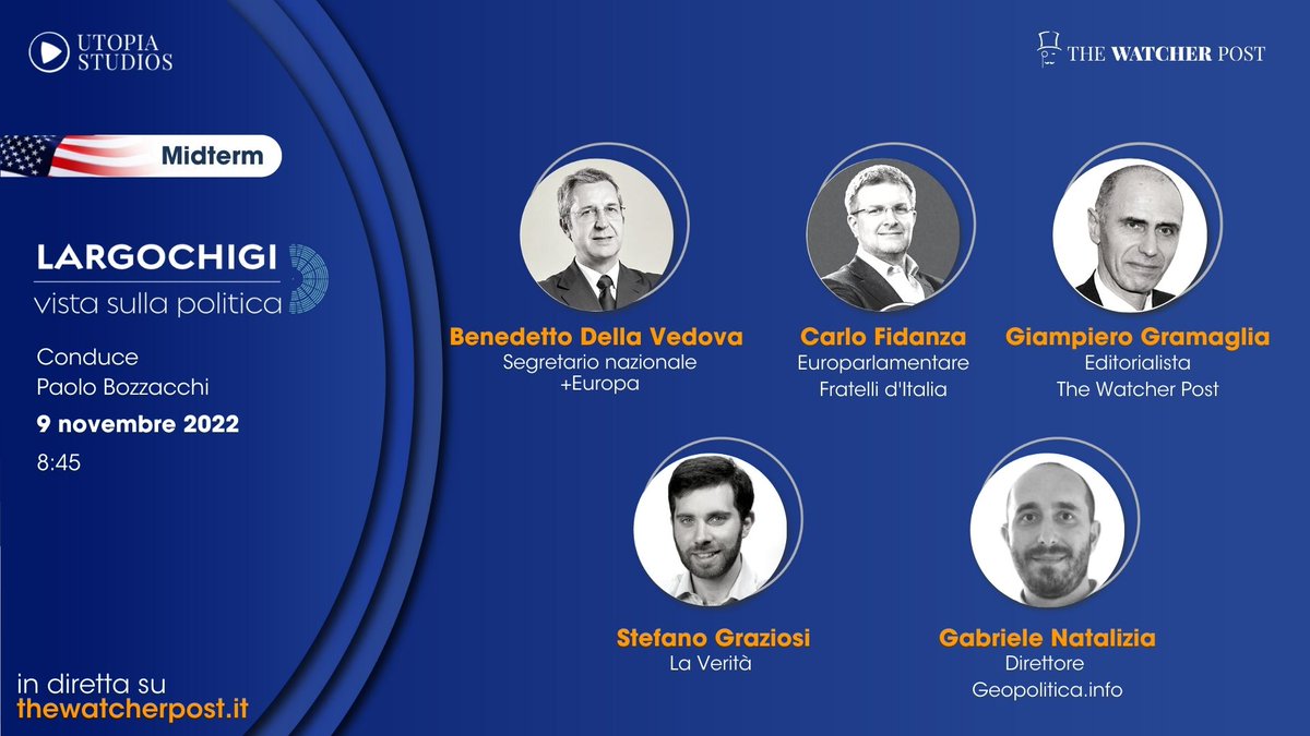 UTOPIA - Public Policy, Advocacy & Communication (@utopia_lab) on Twitter photo 🗓️ Largo Chigi h8:45  | Speciale #Midterm 2022 🇺🇸
Giorno decisivo negli #USA: i democratici potrebbero perdere il Congresso mettendo in difficoltà #Biden. 
Con <a href="/bendellavedova/">BenedettoDellaVedova🇮🇹🇪🇺</a>, <a href="/FidanzaCarlo/">Carlo Fidanza ن</a>, Giampiero Gramaglia, <a href="/stegraziosi/">Stefano Graziosi</a> e <a href="/g_natalizia/">Gabriele Natalizia</a>. 
📺 bit.ly/3RoR3z4 🗓️ Largo Chigi h8:45  | Speciale #Midterm 2022 🇺🇸
Giorno decisivo negli #USA: i democratici potrebbero perdere il Congresso mettendo in difficoltà #Biden. 
Con <a href="/bendellavedova/">BenedettoDellaVedova🇮🇹🇪🇺</a>, <a href="/FidanzaCarlo/">Carlo Fidanza ن</a>, Giampiero Gramaglia, <a href="/stegraziosi/">Stefano Graziosi</a> e <a href="/g_natalizia/">Gabriele Natalizia</a>. 
📺 bit.ly/3RoR3z4