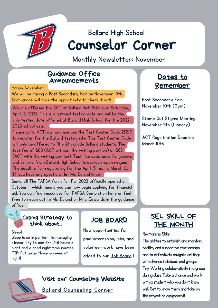 November Counselor Corner 🗞
🎓Post Secondary Fair this Thursday!
💚 Stomp Out Stigma Meeting Wednesday
📕ACT coming to Ballard in April! 
💸 Seniors, fill out your FAFSA

Go Bombers!!