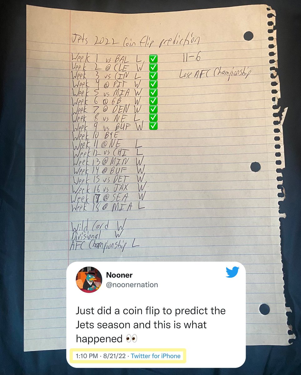 NFL's tweet photo. This fan flipped a coin to predict the @nyjets record before the season started.

So far, he's gotten every every game right. 👀 (via @noonernation) https://t.co/5yvHFj9xQd