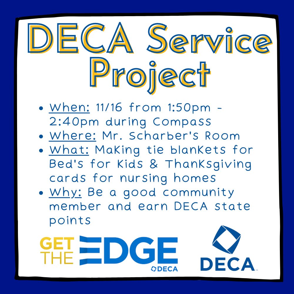 Be sure to stop in anytime during Compass on November 16th to help make some cards or a blanket that will be donated within the community. You’ll also earn some state points that are required in order to go to the state competition in March.