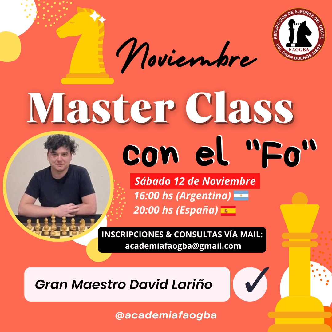 faogbajedrez's tweet photo. *MASTER CLASS AJEDREZ CON "EL FO"*
GRAN MAESTRO DAVID LARIÑO NIETO

.
.
.

#AcademiaFaogba 
#GranMaestro #ELFO
#Chess #Ajedrez #Xadrez 
#check #checkmate #jaque
#xeque #jaquemate 
#queensgambit #materclass
#gambitodedama
#clasesonline #gm https://t.co/lxRFf80sfP