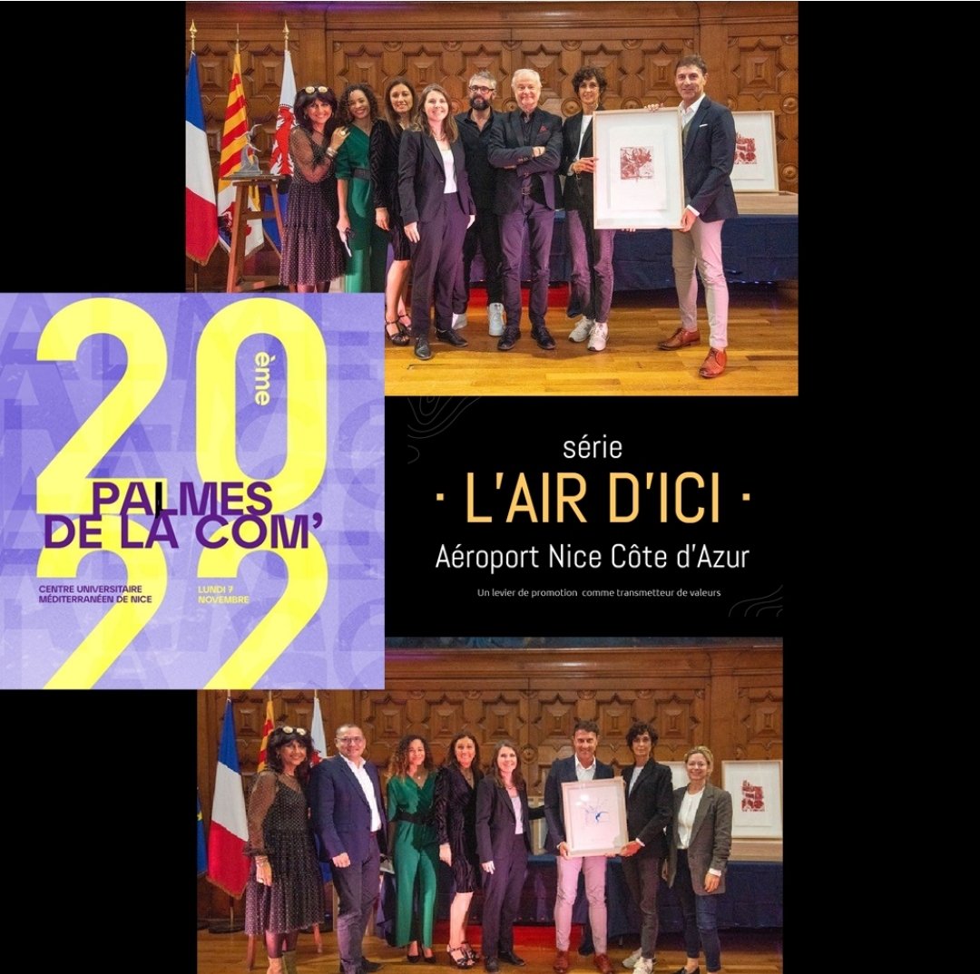 L'#AeroportNice et <a href="/GroupeNiceMatin/">Groupe Nice-Matin</a> primés pour la campagne « L’Air d’Ici » lors de la 20eme édition des #PalmesDeLaCom2022 <a href="/AzurProCom/">@AzurProCom</a> : 3° prix de la catégorie vidéo, 1er prix et Palme de la Com de la catégorie Innovation et Digital. Les 6 portraits > bit.ly/3TjKb5Y