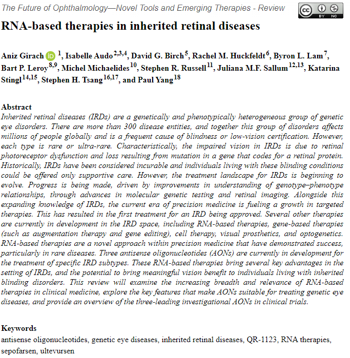 TAOphthalmology's tweet photo. We have a new Review online!
RNA-based therapies are a novel #PrecisionMedicine approach to #RareDisease.
Here, Aniz Girach and colleagues review the prospects of RNA-based therapies in inherited retinal diseases: π
https://t.co/tZYYXufNjI
@TARareDisease #sepofarsen #ultevursen https://t.co/3cGSngmQeJ