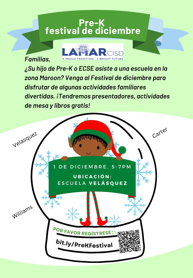 Stacy Perez (@lcisdprek) on Twitter photo Calling all Pre-K and ESCE families in the maroon track! Register today for the December Fest! Bit.ly/PreKFestival
<a href="/LamarCISD/">Lamar CISD</a>
<a href="/VelasquezLCISD/">Velasquez Elementary</a>
@ProjectLearn3
<a href="/CarterCoyotes/">Carter Elementary</a>
<a href="/Williams_Elem/">Williams Elementary</a> Calling all Pre-K and ESCE families in the maroon track! Register today for the December Fest! Bit.ly/PreKFestival
<a href="/LamarCISD/">Lamar CISD</a>
<a href="/VelasquezLCISD/">Velasquez Elementary</a>
@ProjectLearn3
<a href="/CarterCoyotes/">Carter Elementary</a>
<a href="/Williams_Elem/">Williams Elementary</a>