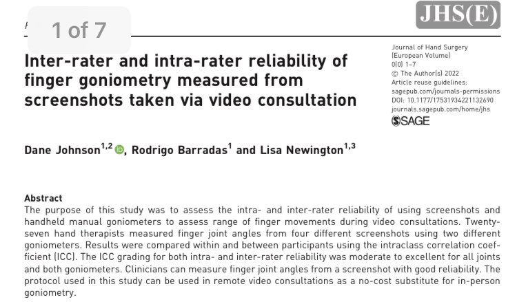 How do you measure finger movement by video?  The #HandTherapy team <a href="/GSTTnhs/">Guy's and St Thomas'</a> got inventive: screenshots &amp; standard goniometers. Good inter- &amp; intra-rater reliability &amp; no extra cost. 📏 📐 Great job Dane Johnson &amp; <a href="/RMBarradas/">Rodrigo Barradas</a> <a href="/fionamsandford/">Fiona Sandford</a> <a href="/BAHTHandtherapy/">BAHT</a>