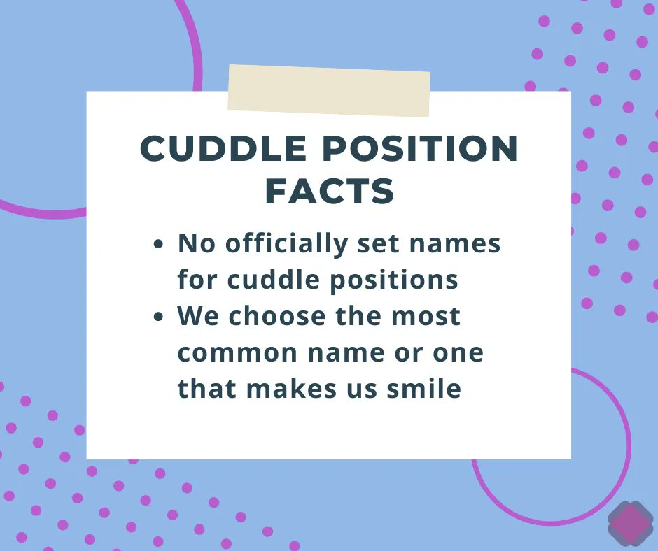Cuddlist's tweet image. Here are some facts about Cuddle Positions:

💙No officially set names for cuddle positions

💜We choose the most common name or one that makes us smile 

Did you know these facts?

#cuddlepositions #cuddleposition #cuddlist #cuddlefacts #cuddletherapy #professionalcuddling