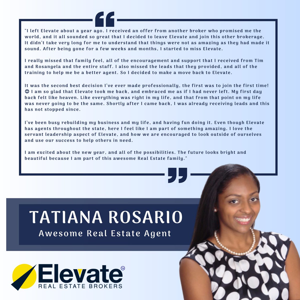 ElevateBrokers's tweet photo. We are so happy to hear these kind words from Tatiana Rosario!

Thank you Tatiana, for the beautiful testimonial! You are amazing and we love having you in the family! Together, let's all keep Elevating! https://t.co/24Yzk3257b