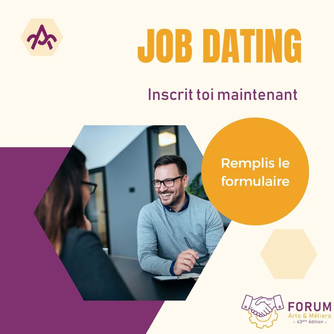 [Inscriptions Job Dating 👨‍💼👩‍💼]
 
🎉Le forum Arts &amp; Métiers approche à grands pas et si tu veux profiter de l’événement pour avoir décrocher le job ou le stage de tes rêves, inscris-toi à nos Job Datings ! 

LIEN : forum-am.fr/job-dating/ins…