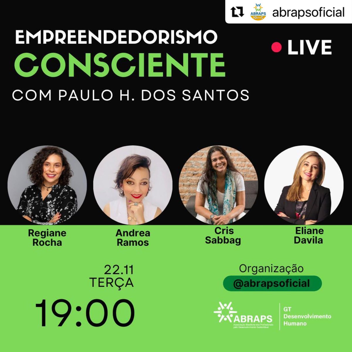 crisabbag's tweet photo. No dia 22 de novembro, às 19h, o GT de Desenvolvimento Humano Sustentável segue agenda de eventos, desta vez para debater o tema "Empreendedorismo Consciente". 

Acompanhe transmissão ao vivo pelas redes sociais oficias da ABRAPS e em nosso canal no YouTube! https://t.co/WhCU2p0JsC