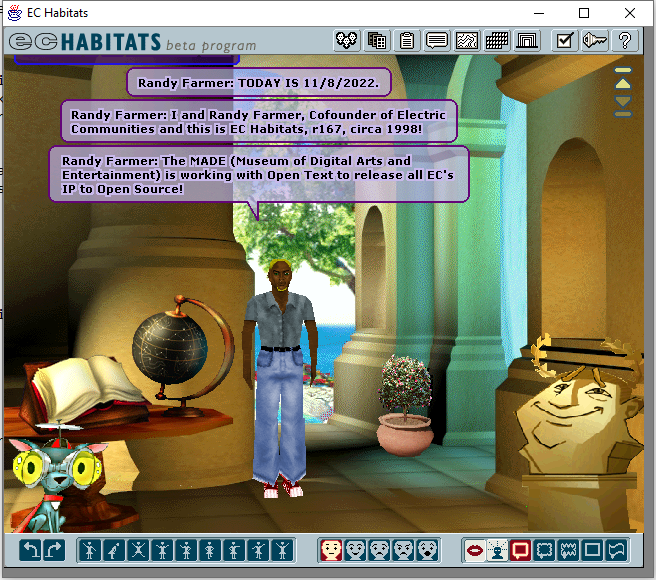 Wow, EC Habitats, our fully distributed virtual world (aka metaverse) from 1998 still installs and runs from the beta cd. It's all local, but you can customize avatars and rooms without using the interconnectivity (which will uses 25 year old URLs.) <a href="/TheMADE/">Museum of Art and Digital Entertainment</a> #OpenSource #Soon