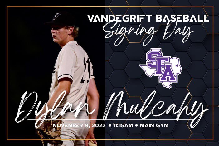 Dylan Mulcahy (@dylanmulcahy4) on Twitter photo Extremely blessed to be able to sign my NLI to <a href="/SFA_Baseball/">Lumberjack Baseball</a> tomorrow at Vandegrift. Thank you to everyone who made this possible.
<a href="/FlxAtx/">FLX ATX</a> <a href="/Viper_Baseball/">Vandegrift Viper Baseball</a> Extremely blessed to be able to sign my NLI to <a href="/SFA_Baseball/">Lumberjack Baseball</a> tomorrow at Vandegrift. Thank you to everyone who made this possible.
<a href="/FlxAtx/">FLX ATX</a> <a href="/Viper_Baseball/">Vandegrift Viper Baseball</a>