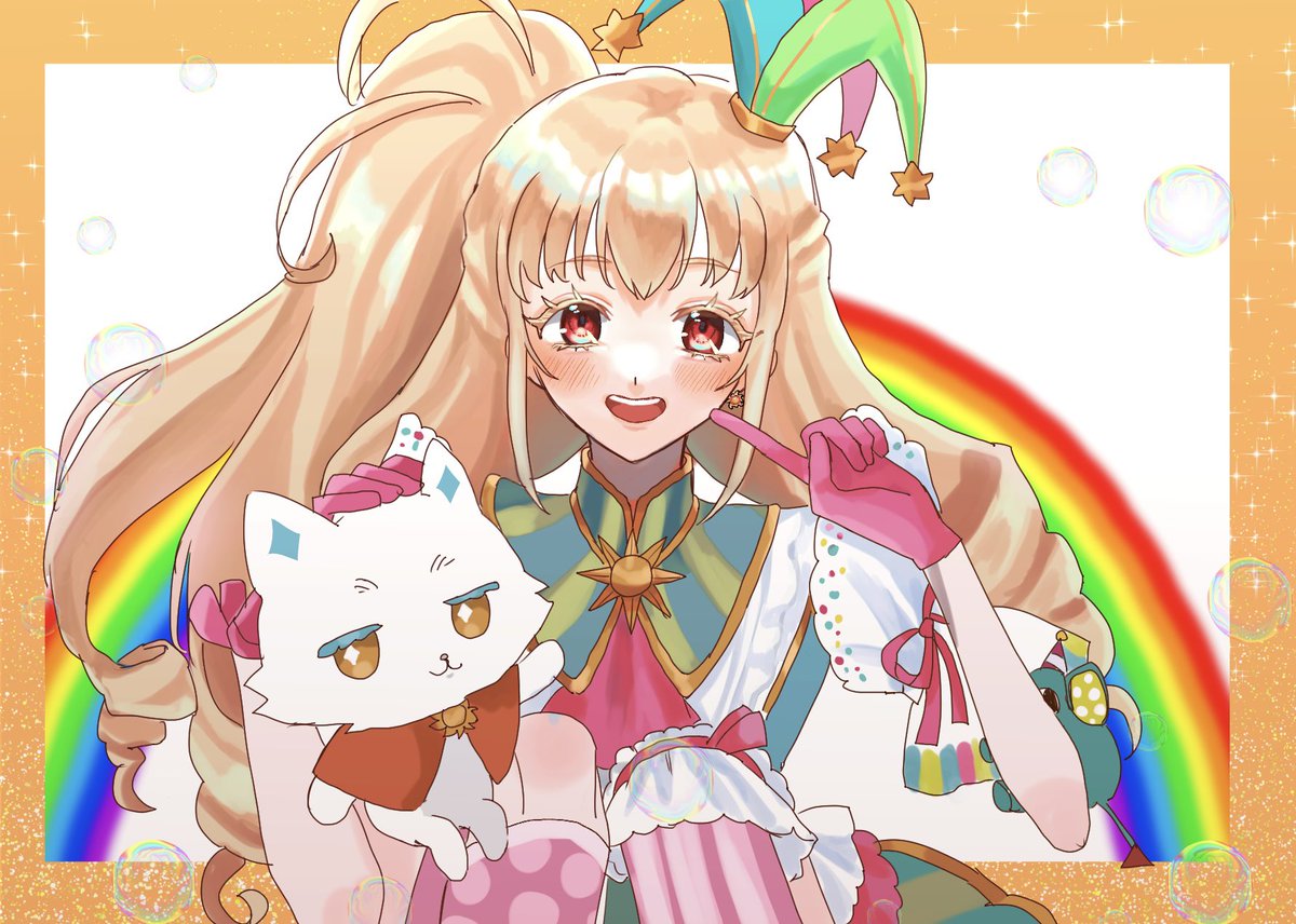 1girl rainbow blush smile gloves long hair cat  illustration images