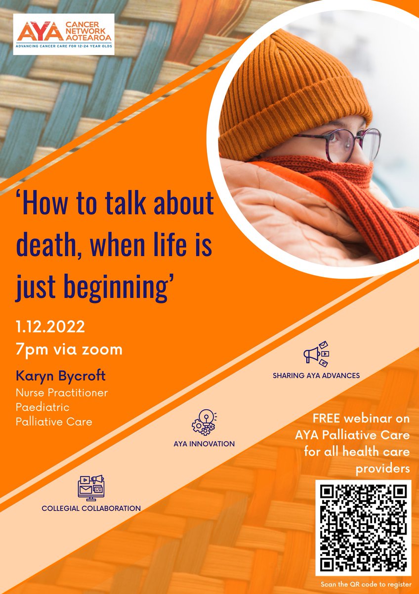 We are excited to announce our next and upcoming webinar 'How to talk about death, when life is just beginning,' presented by Palliative Care Nurse Practitioner Karyn Bycroft.

Register now 👇
ayacancernetwork.org.nz/webinars/