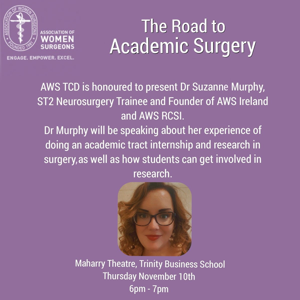Association of Women Surgeons, TCD Student Chapter (@aws_tcd) on Twitter photo Interested in exploring academic surgery? Then come along to our next event on Thursday with <a href="/suzannemmurphy1/">Suzanne Murphy</a> Interested in exploring academic surgery? Then come along to our next event on Thursday with <a href="/suzannemmurphy1/">Suzanne Murphy</a>