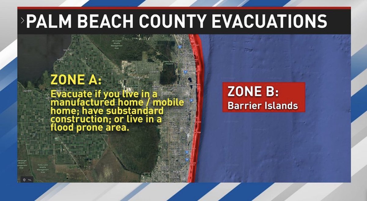 PBCountySheriff's tweet photo. Palm Beach County has issued Mandatory Evacuations for Zones A and B, effect tomorrow at 7 a.m. This includes mobile homes, barrier islands and low-lying areas. To find out if you are in an evacuation zone, check out the Know Your Zone app at https://t.co/RbscmdPbCX https://t.co/oggM4T1ws2