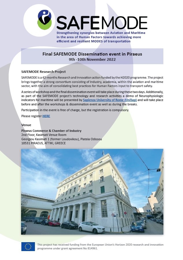 📢📢📢Final <a href="/SAFEMODEproject/">SAFEMODE</a>  Event‼️‼️
⏳A series of workshops &amp; final event🚢✈️
📆9th-10th November 2022
🧭Piraeus Commerce &amp; Chamber of Industry (GREECE)
For analytical details please visit: safemodeproject.eu/uploadFile/911…
#H2020 #humanfactors #justculture #aviation #maritime