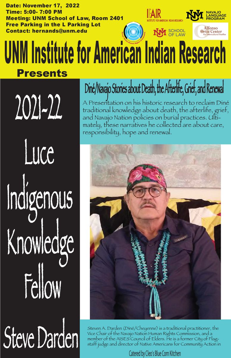 UNM_AMST's tweet photo. UNM Institute for American Indian Research presents Steve Darden 11/17 @ 5pm. His presentation will be held at the UNM School of Law, Rm 2402. 

See flyer for more event details. https://t.co/Oqo6c3EBYh