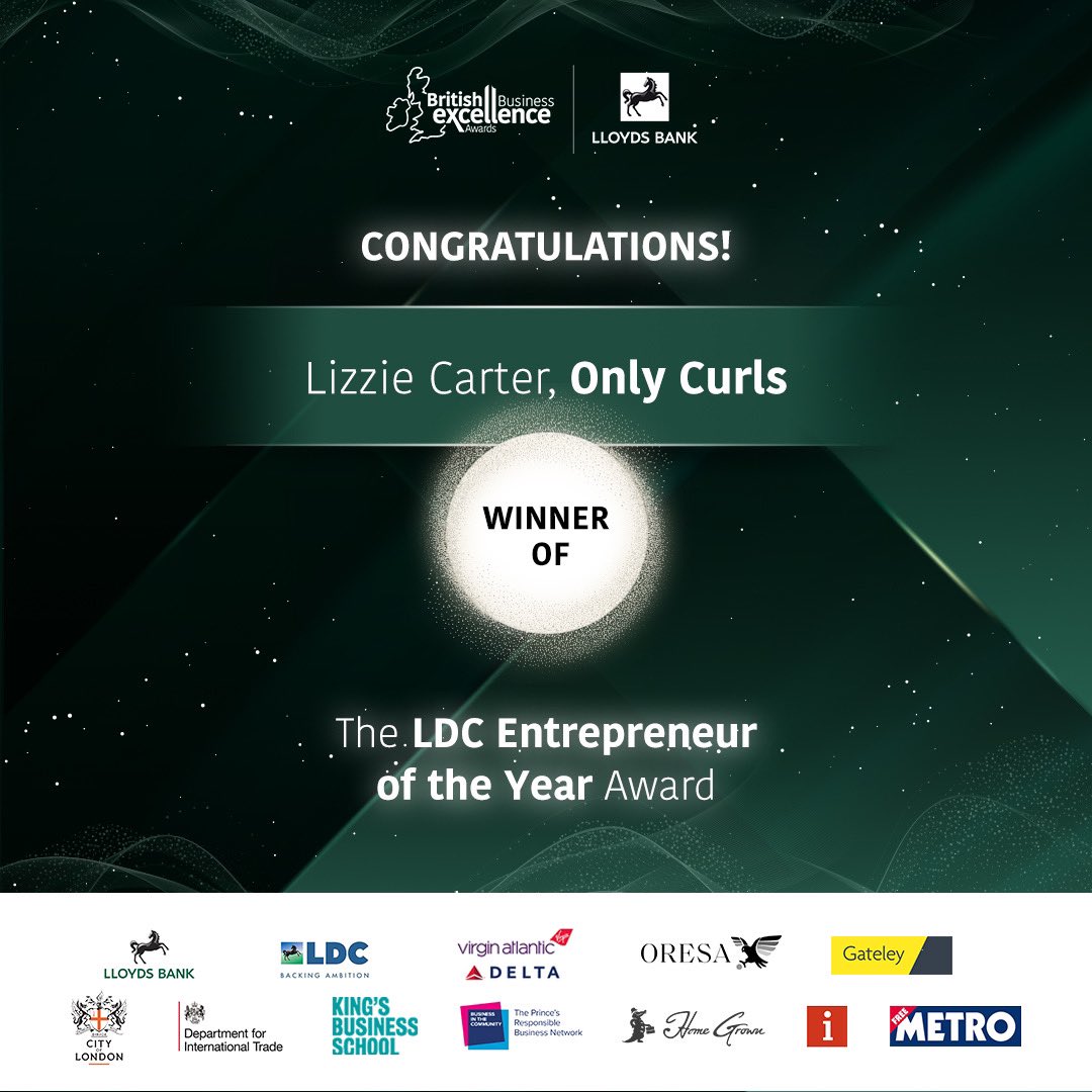 Lloyds Bank British Business Excellence Awards (@bbexawards) on Twitter photo Let’s give a round of applause to the winner of the LDC Entrepreneur of the Year 2022, Lizzie Carter, founder of <a href="/onlycurlslondon/">onlycurlslondon</a>
#BBEA22 #EntrepreneurAward <a href="/LloydsBankBiz/">Lloyds Business</a> <a href="/LDCPE/">LDC</a> Let’s give a round of applause to the winner of the LDC Entrepreneur of the Year 2022, Lizzie Carter, founder of <a href="/onlycurlslondon/">onlycurlslondon</a>
#BBEA22 #EntrepreneurAward <a href="/LloydsBankBiz/">Lloyds Business</a> <a href="/LDCPE/">LDC</a>