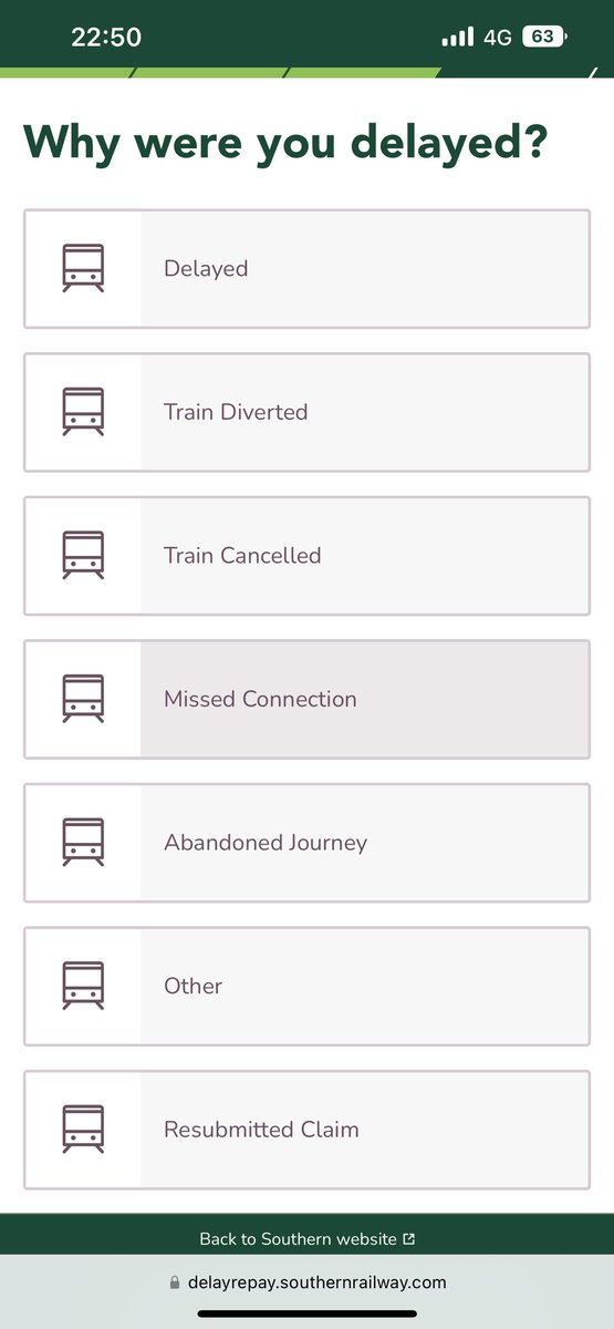 LouiseBurse's tweet photo. @SouthernRailUK hi there, how can I claim money back on my monthly ticket for the strike days? I’ve tried to do it on the website but strike days don’t come up as an option. If I click other it just comes up with this? https://t.co/f11yYL2Nny