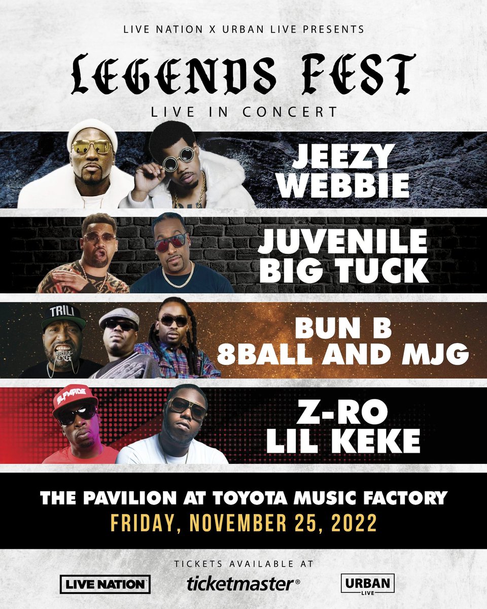 #Irving #Texas & Surrounding areas, get ready for the Legends Fest featuring @Jeezy Webbie, @juviethegreat @thabigtuck @BUN @8BallandMJG @ZROMOCITYDON & @DonKe713 at @ThePavilionTMF Friday, November 25th. Tickets on sale at ticketmaster.com