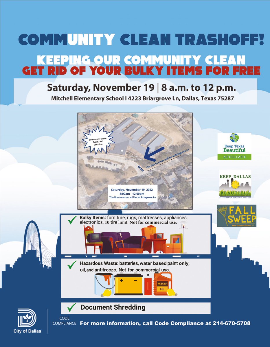 caraathome's tweet photo. Start cleaning! Dallasites are welcome to get rid of bulk items, household hazardous chemicals and FREE on-site shredding of documents will be available! #CleanUp #Trashoff https://t.co/8rmYnZgfmw