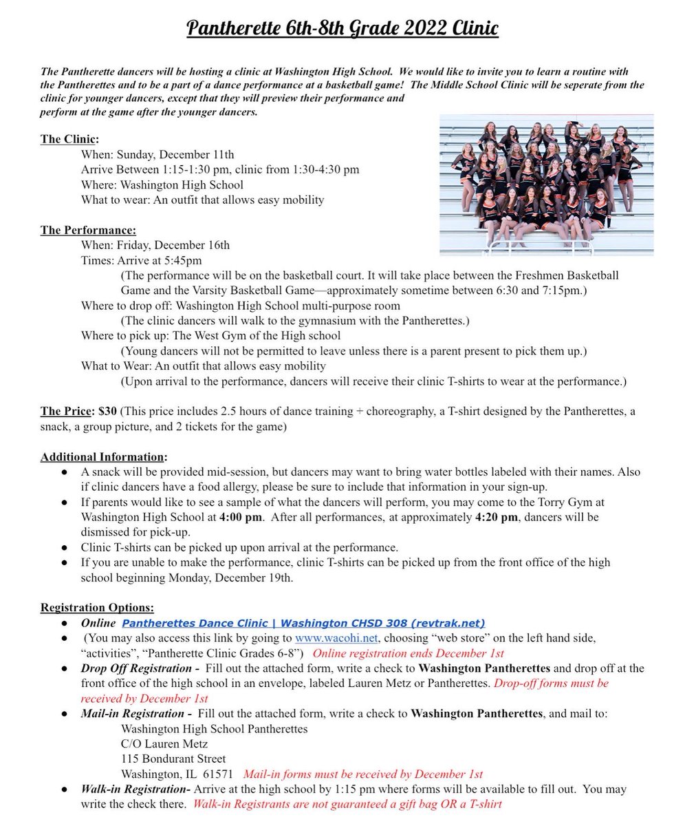 It's time for the annual Pantherette Dance Clinic!! All dancers ages K-8 are invited and encouraged to bring a friend! Listed below are sheets of necessary information regarding the clinic and performance. We hope to see you there!! 🧡🐾