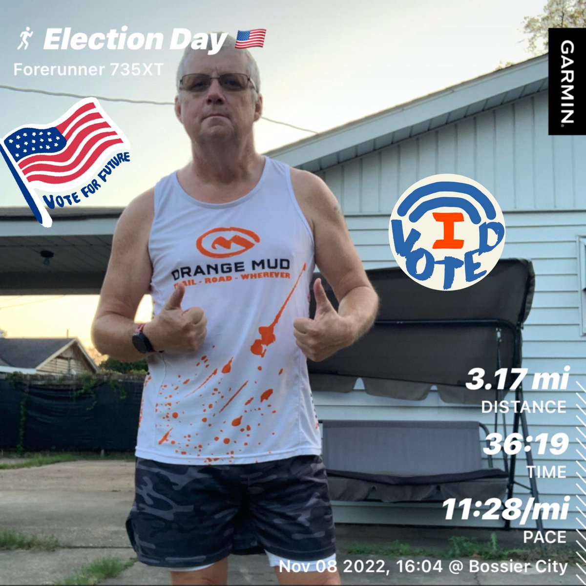 Quick slow 5:1 pace. 

#healthybodyhealthymind #runningismytherapy #finishedwithaheartbeat #veteransuicideprevention #trailroadwherever #orangemudambassador #orangemud #ElectionDay #Vote 🇺🇸
