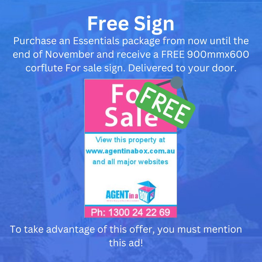 Purchase an Essential package from now until the end of November and receive a FREE 900mm x 600mm corflute For Sale Sign. Delivered right to your door. To get it for FREE, mention the keyword 'ILOVEAIAB' via email!
#sellyourownhome #aiab #nocommission #forsalebyowner #fsbo
