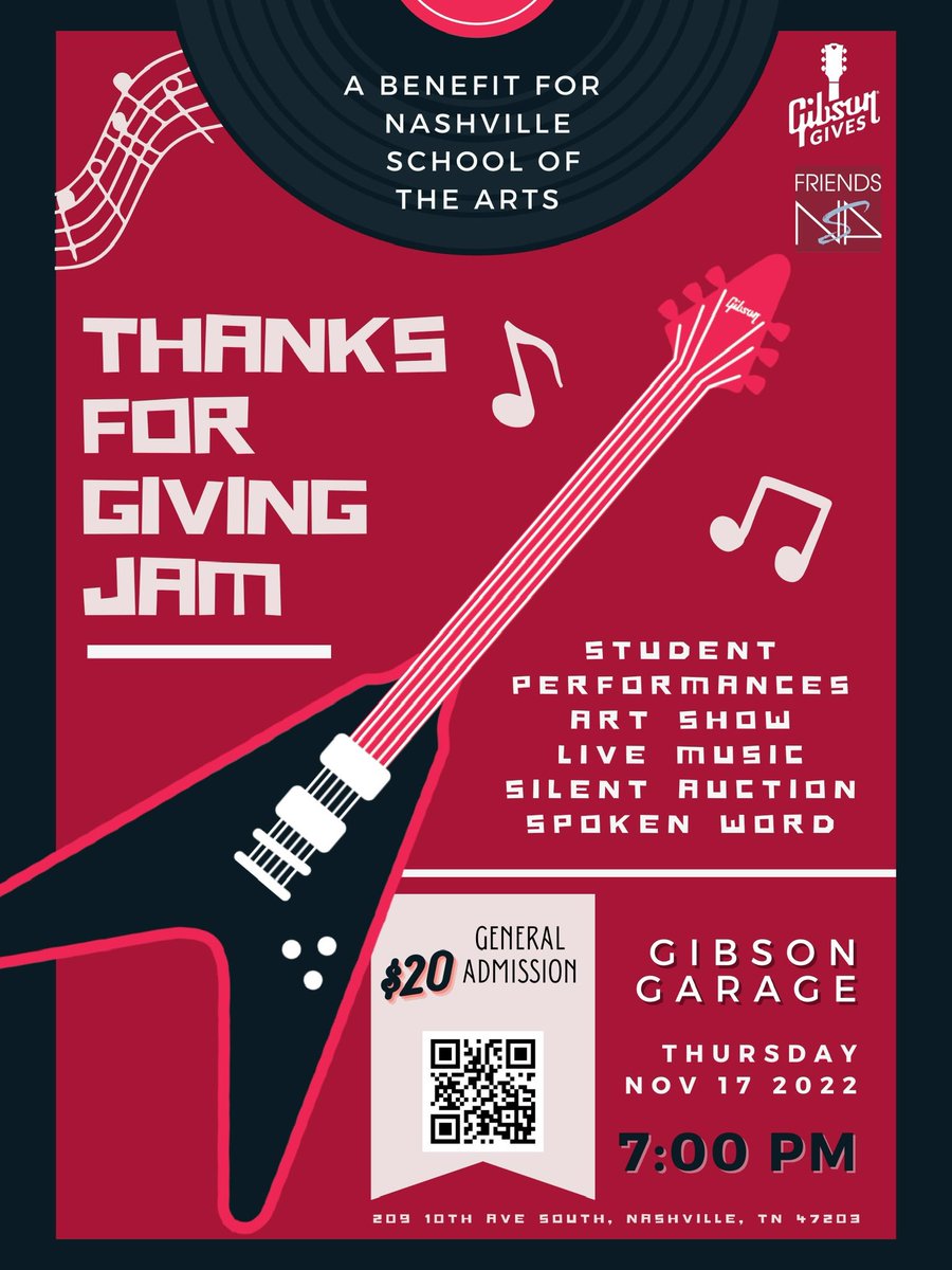 Friends of NSA (@friendsofnsa) on Twitter photo FNSA Thanks for Giving Jam tickets will sell out soon. This event not only showcases the talents of our students but will also feature a silent auction with items from <a href="/gibsonguitar/">Gibson</a> <a href="/tpac/">TPAC</a> <a href="/Sienna/">Trisha Johnson</a> <a href="/bartacolife/">bartaco</a> <a href="/Cheekwood/">Cheekwood</a> <a href="/CityWineryNSH/">CityWineryNSH</a> <a href="/countrymusichof/">Country Music Hall of Fame and Museum</a> <a href="/fristartmuseum/">Frist Art Museum</a> & more! FNSA Thanks for Giving Jam tickets will sell out soon. This event not only showcases the talents of our students but will also feature a silent auction with items from <a href="/gibsonguitar/">Gibson</a> <a href="/tpac/">TPAC</a> <a href="/Sienna/">Trisha Johnson</a> <a href="/bartacolife/">bartaco</a> <a href="/Cheekwood/">Cheekwood</a> <a href="/CityWineryNSH/">CityWineryNSH</a> <a href="/countrymusichof/">Country Music Hall of Fame and Museum</a> <a href="/fristartmuseum/">Frist Art Museum</a> & more!