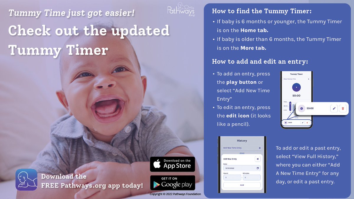 PathwaysOrg's tweet photo. Your favorite baby app just got better! We've updated the Tummy Timer to allow you to edit and add time - check it out today: https://t.co/ItfNobg0rb #baby #babyapp #pediatrics #pedaitrictherapy #pediatricot #motorskills #tummytime https://t.co/KtYD4HxMMB
