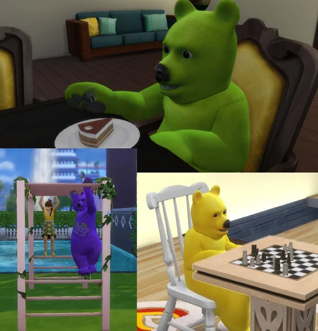 furry_moments's tweet image. The Sims 4: Parenthood expansion pack adds phases that your child can go through as they grow up, one of which is finding a "spirit animal" and refusing to wear anything but a bear costume. Parent Sims can help speed the phase up by costuming as well in solidarity. (2017)