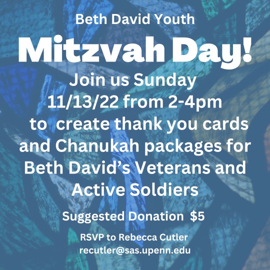bethdavidwh's tweet photo. Join us this coming Sunday 11/13 from 2-4pm for a Special Mitzvah Day.  We will be making cards and Chanukah packages to send off to Beth David's Veterans and Active Duty Soldiers serving in the US Armed Forces and the IDF.  Children of all ages welcome.  #mitzvahday #bethdavidwh https://t.co/6rY1WtNv4f