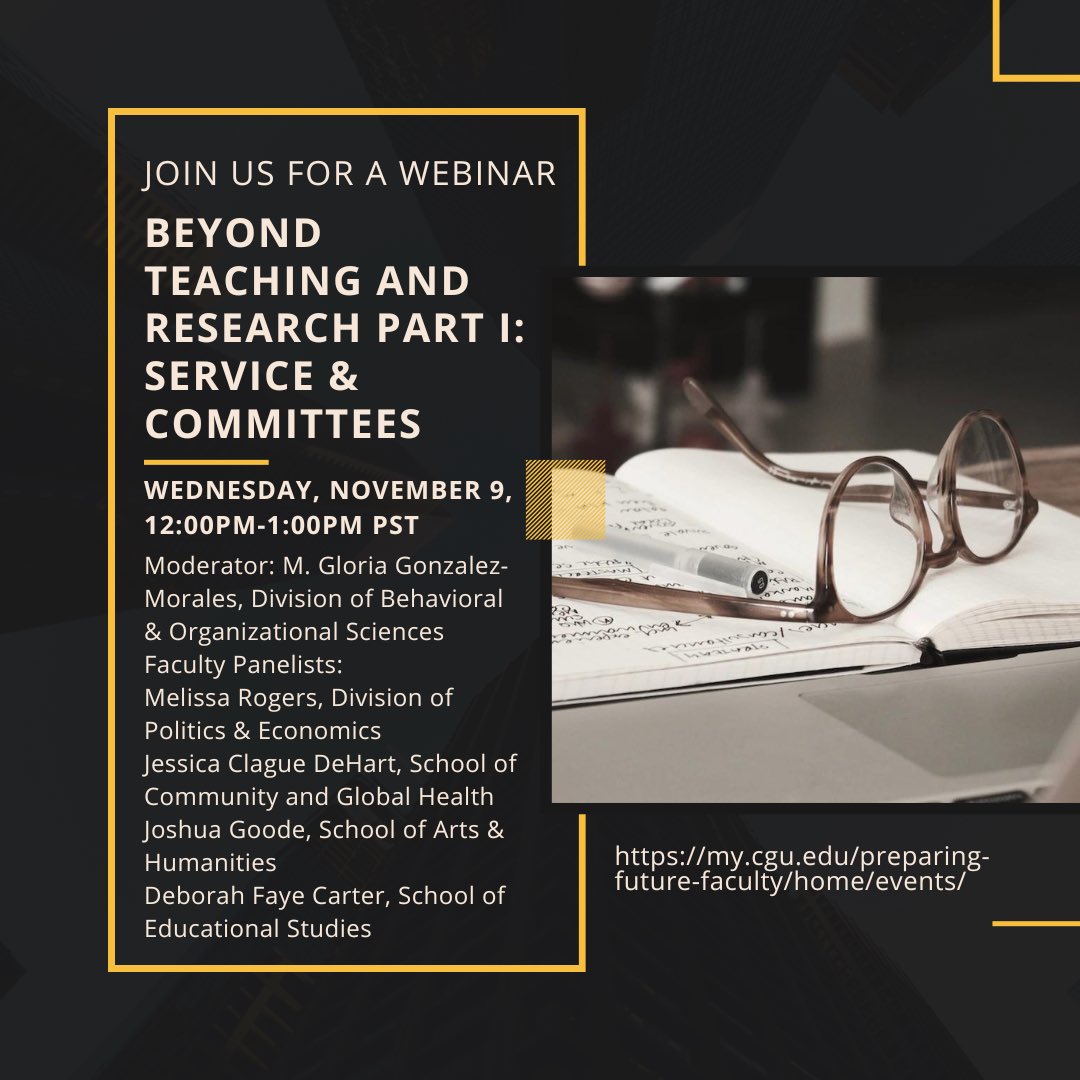 CAFE (Center for Academic & Faculty Excellence) (@cafe_cgu) on Twitter photo Join us for another webinar- Beyond Teaching and Research Part I: Service & Committees. This webinar will take place virtually tomorrow- Wednesday, November 9th from 12:00pm-1:00pm PST. Featuring <a href="/MelissaZRogers/">Melissa Rogers</a> and more! Check the link to register: my.cgu.edu/preparing-futu…. Join us for another webinar- Beyond Teaching and Research Part I: Service & Committees. This webinar will take place virtually tomorrow- Wednesday, November 9th from 12:00pm-1:00pm PST. Featuring <a href="/MelissaZRogers/">Melissa Rogers</a> and more! Check the link to register: my.cgu.edu/preparing-futu….
