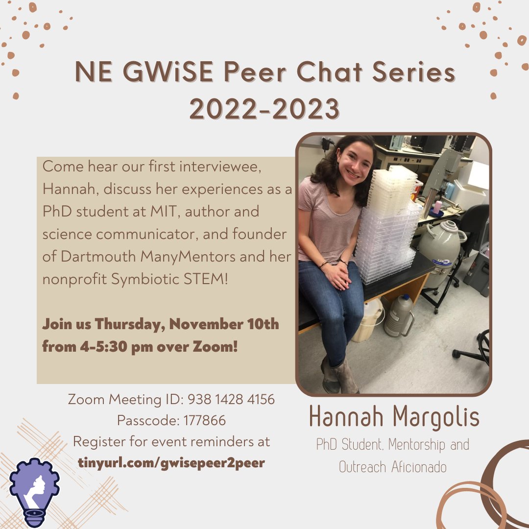 Don't miss out on our peer chat with the spectacular @HannahMargolis this Thursday at 4pm over Zoom! Come hear Hannah talk about her experiences as a PhD student, author, and nonprofit founder and help us grow and build our community of scientists!