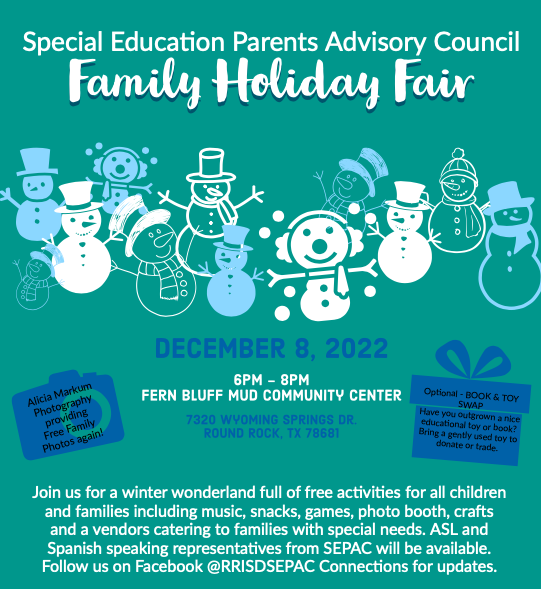 Come Out to SEPAC’s Annual Holiday Fair for the Whole Family! Join us for a winter wonderland full of free activities for all children and families including music, snacks, games, photos booth, crafts, and vendors catering to families with special needs.