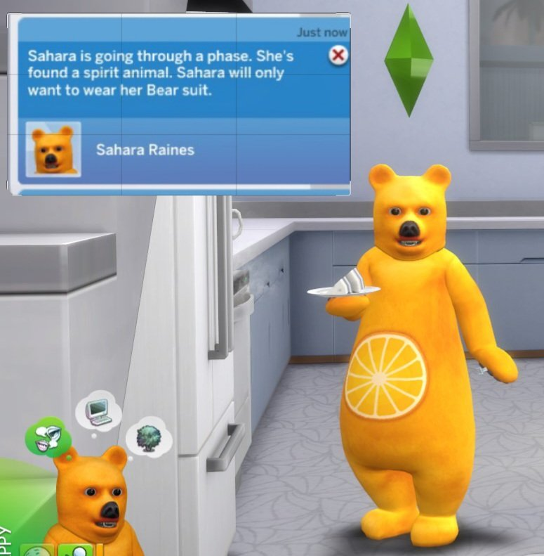 furry_moments's tweet image. The Sims 4: Parenthood expansion pack adds phases that your child can go through as they grow up, one of which is finding a "spirit animal" and refusing to wear anything but a bear costume. Parent Sims can help speed the phase up by costuming as well in solidarity. (2017)