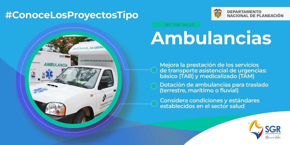 #ConoceLosProyectosTipo e ¡Impleméntalos! 
Este tipo de proyectos garantizan altos estándares de calidad en su formulación y estructuración.

🚑Proyecto: Ambulancias
<a href="/MinSaludCol/">MinSalud Colombia 🇨🇴</a> 

Información
Correo: estructuracion@dnp.gov.co
Web: bit.ly/38MZlQ8