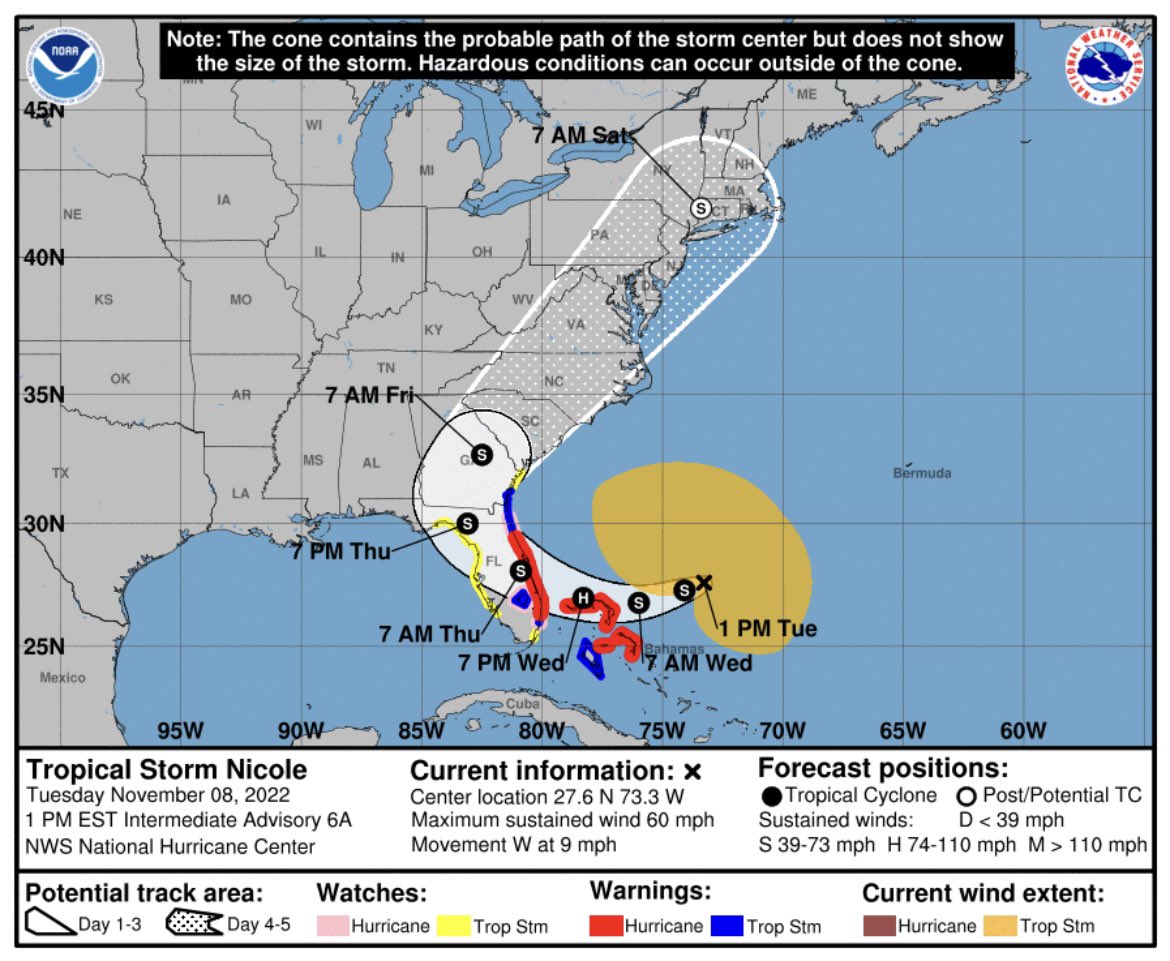 GovRonDeSantis's tweet photo. #TropicalStormNicole is expected to bring hurricane conditions, including rain and flooding, to parts of Florida’s east coast beginning late Wednesday. Communities recovering from Hurricane Ian should be cautious.
 
Listen to local officials and follow @FLSERT for updates. https://t.co/1qrwsygZNJ