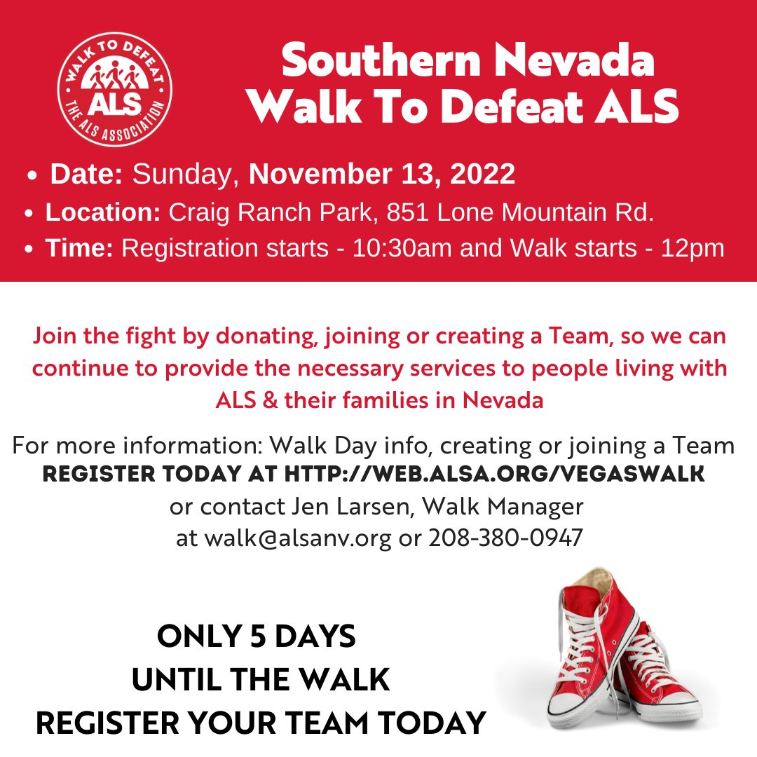 ALS_ofNevada's tweet photo. We are just 5 days away from the WALK TO DEFEAT ALS, this Sunday, Nov. 13th at Craig Ranch Park.  If you haven't registered to walk, register today 
https://t.co/swqYeLSMRq
We can't wait to see you there! 🙂 https://t.co/b0OKlLrSWM