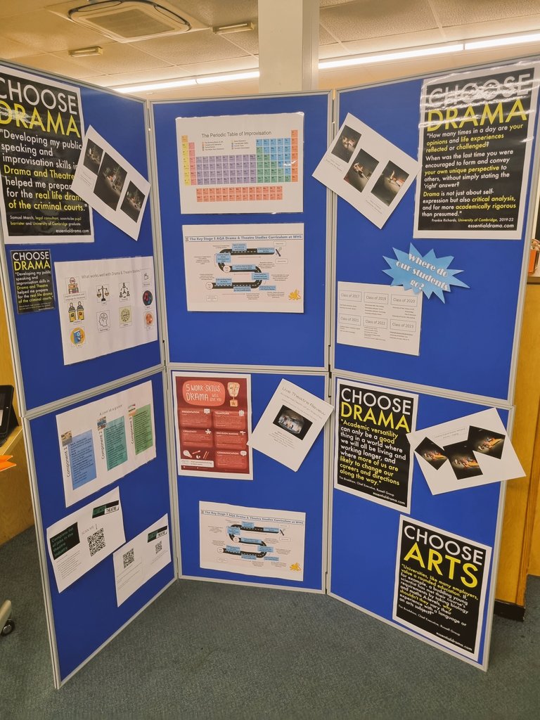 DramaWHS1's tweet image. We are ready and waiting to welcome prospective students and their families to 6th Form Open Evening. You will find us in the Library; come and see how A Level Drama can shape your future #notjustacting #academicstudy #Alevels #drama #theatre