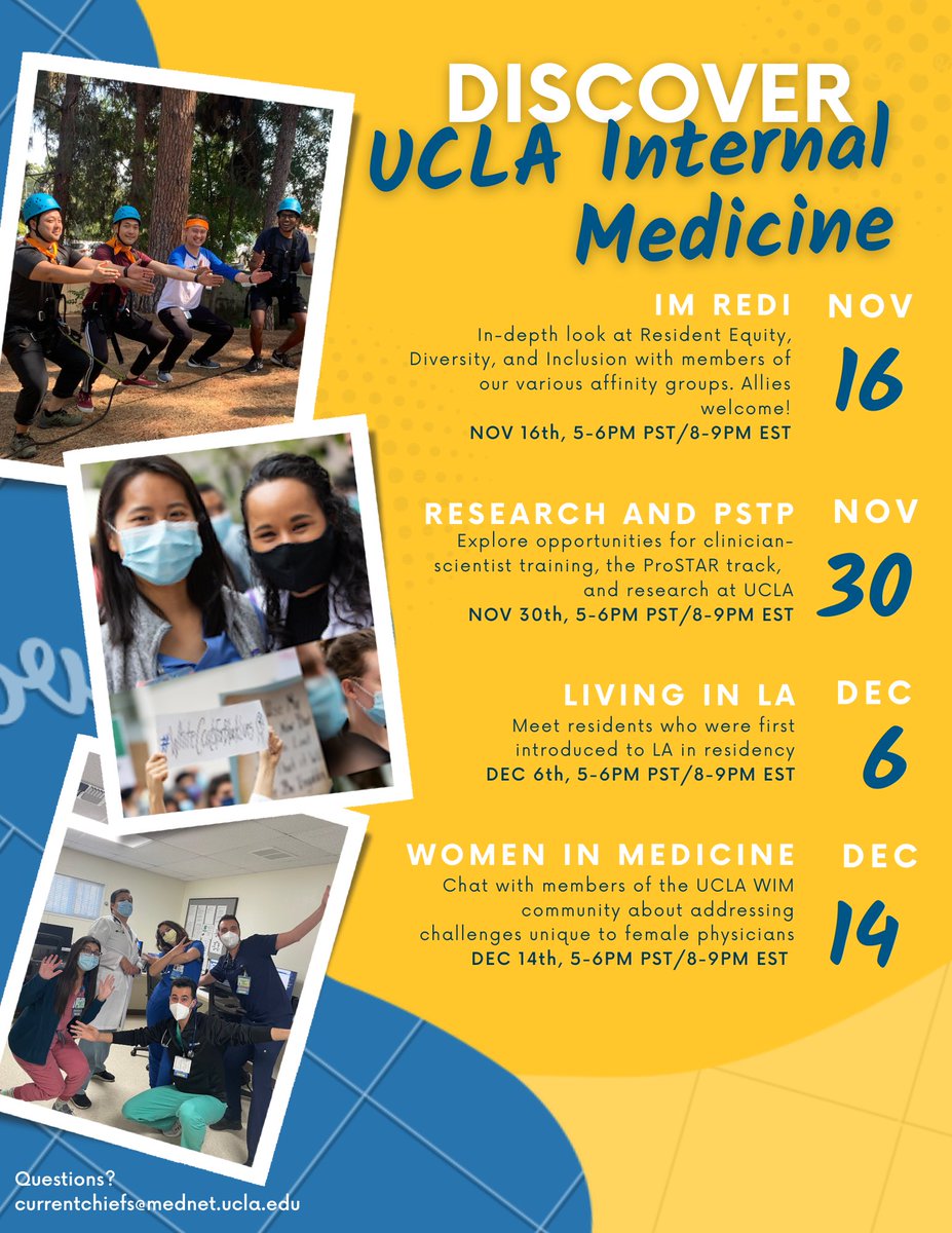 Next week we’ll be kicking off our “Discover UCLA IM” virtual open house series! All applicants interviewing with us this season are welcome 🤗 First up: a discussion with our Internal Medicine Resident Equity, Diversity, and Inclusion (IM REDI) members on 11/16. Can’t wait! 💛💙